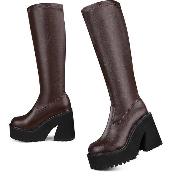 Shoes - Aminugal Womens Brown Synthetic Chunky Block High Heel Knee High Platform Boots